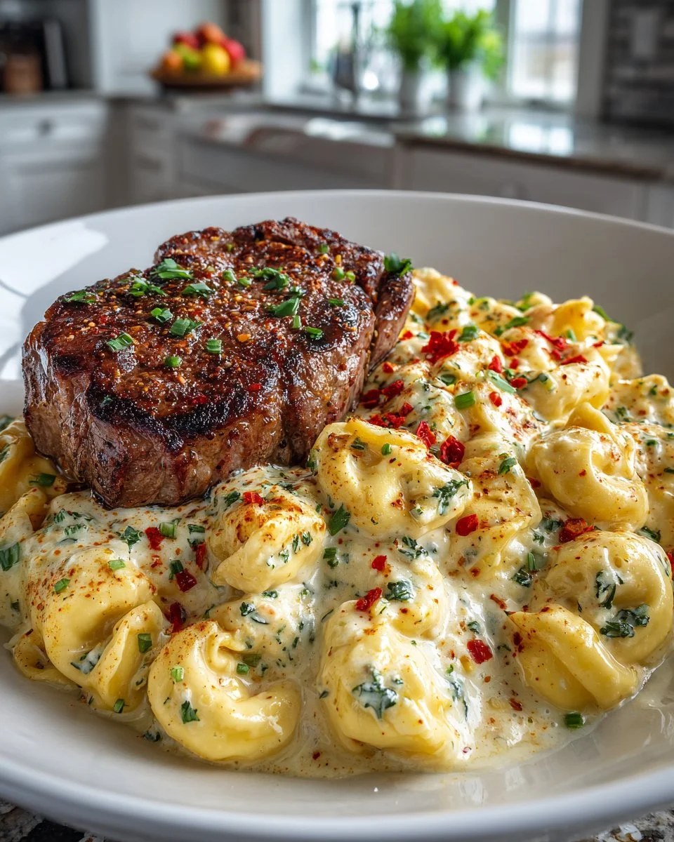 Cracked garlic steak tortellini served in creamy House sauce with fresh herbs.