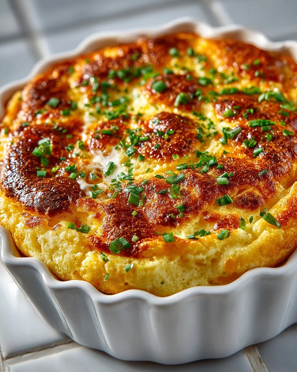 Creamy corn casserole served in a dish, topped with golden crust.
