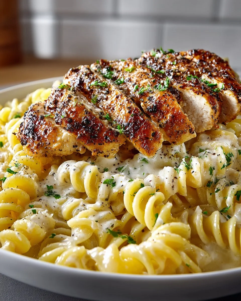 Creamy garlic parmesan chicken pasta served in a bowl with herbs on top.
