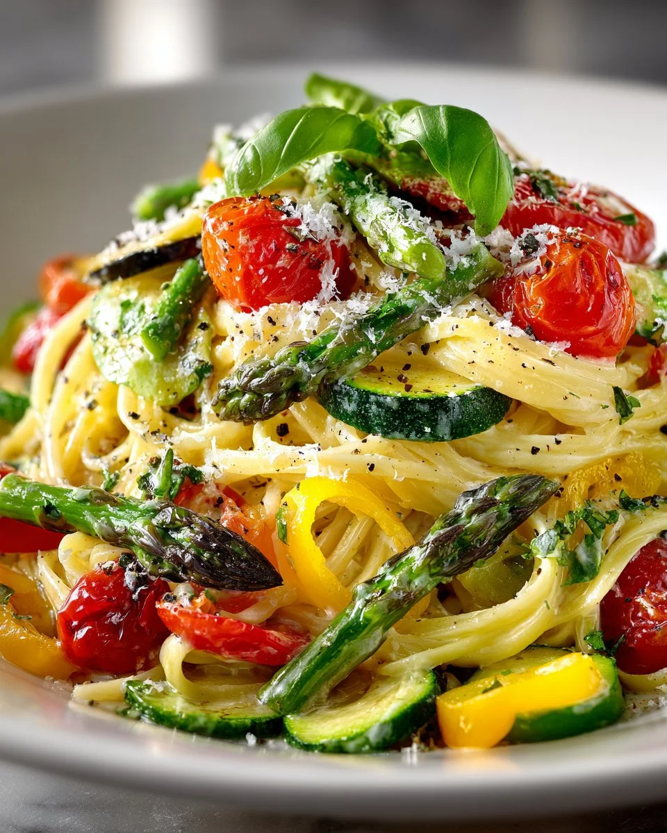 Creamy Pasta Primavera dish with vibrant spring vegetables