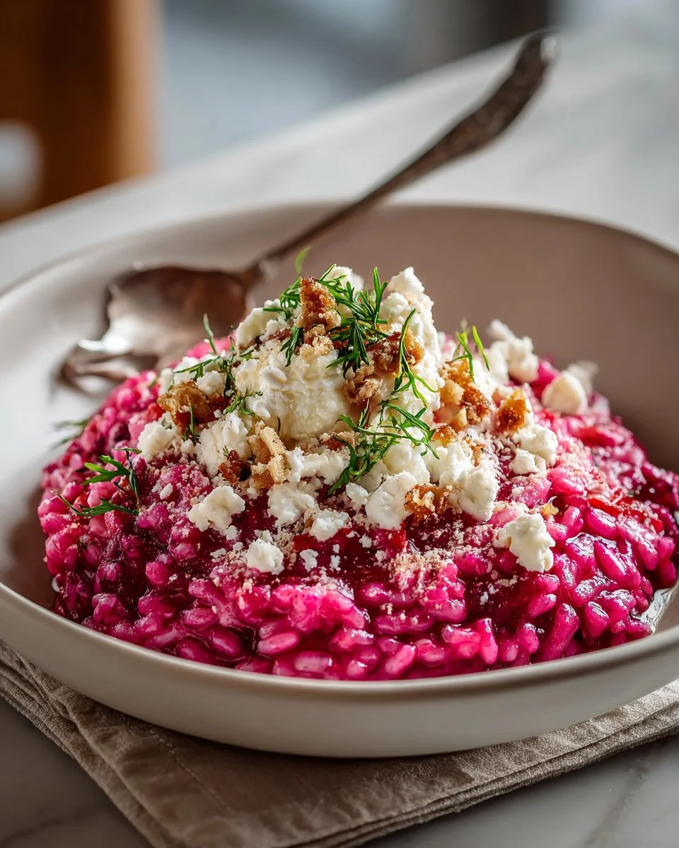 Creamy pink beet risotto garnished with goat cheese crumble.