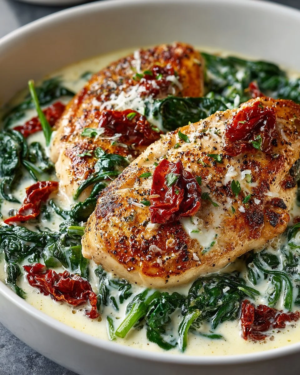 Creamy Tuscan chicken served with garlic butter spinach on a plate