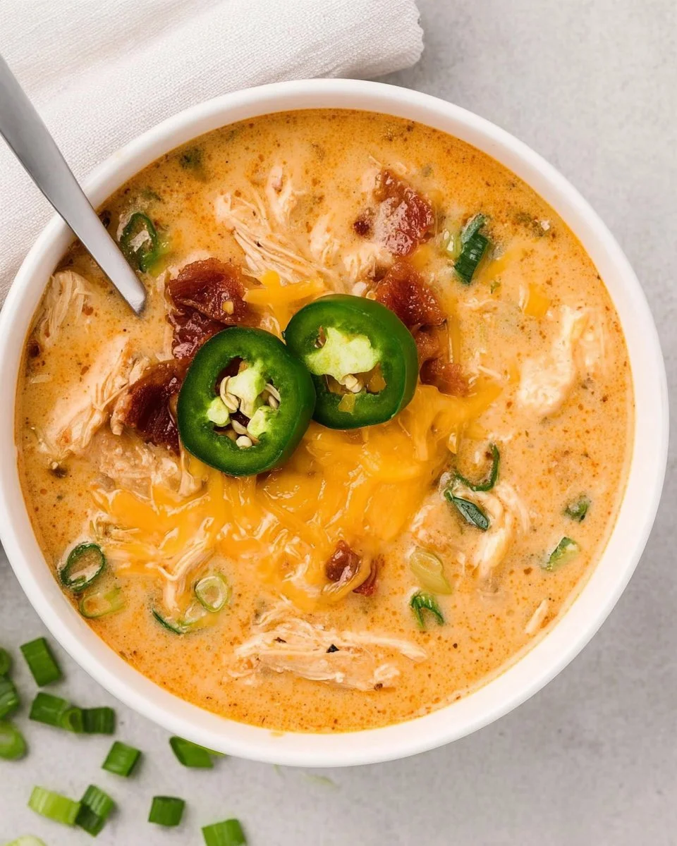 Creamy jalapeño popper soup garnished with crispy bacon and cheese