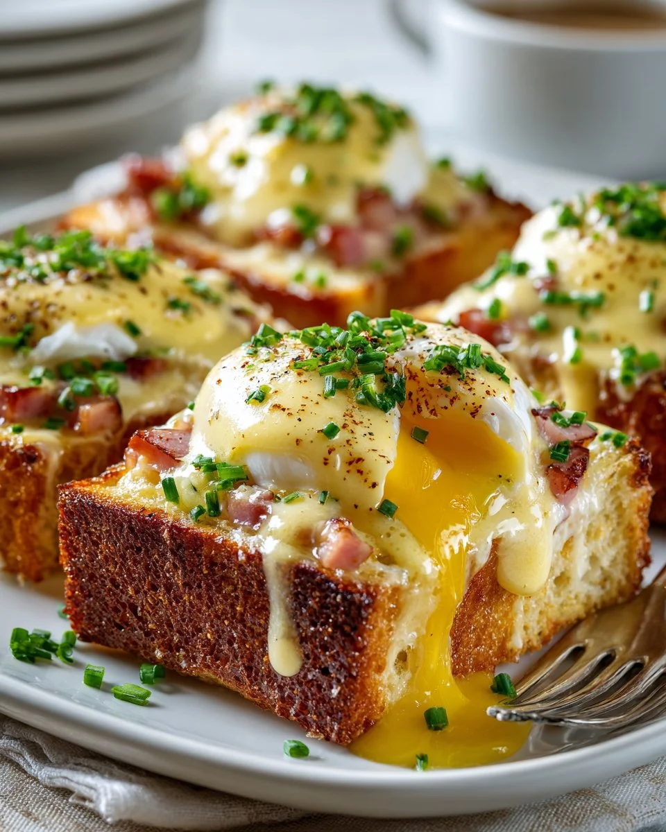 Easy Eggs Benedict Casserole with Hollandaise sauce and garnished herbs