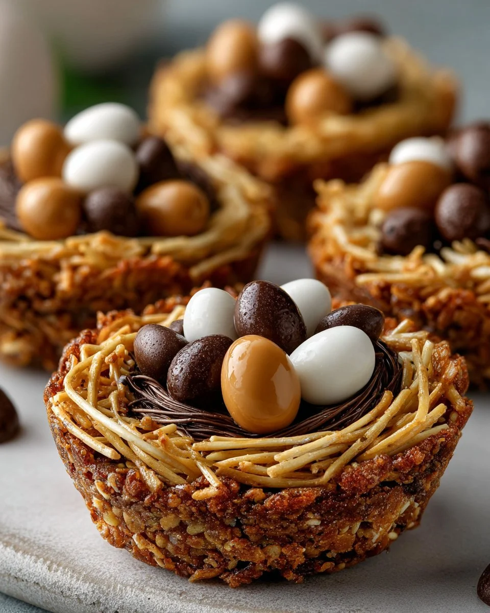 No-bake bird nest cookies decorated with candies and chocolate