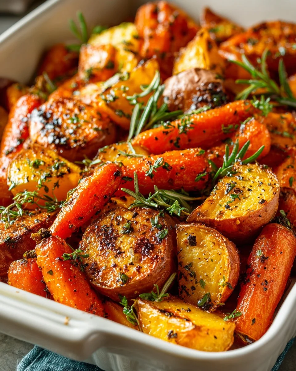 Delicious easy roasted sweet potatoes and carrots on a wooden table