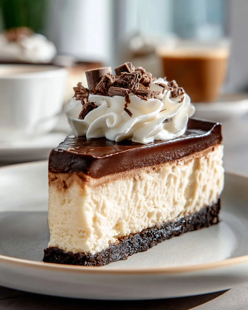 Delicious slice of Espresso Cheesecake topped with coffee beans and cocoa powder