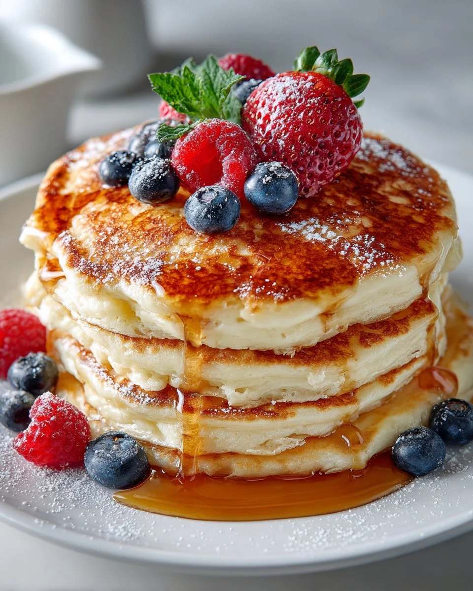 Fluffy sheet pan pancakes topped with a variety of fresh berries on a baking sheet.