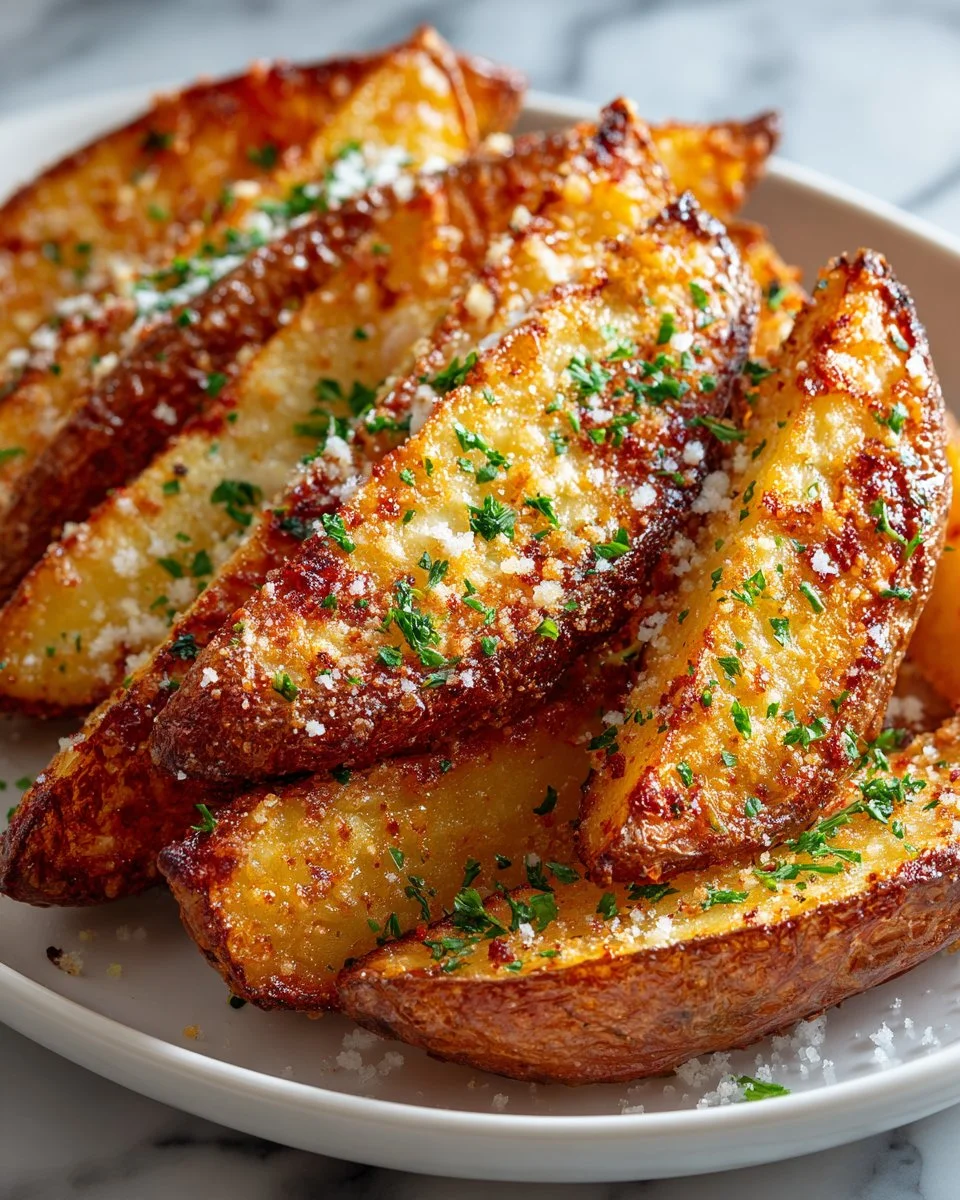 Crispy Garlic Parmesan Potato Wedges served with dipping sauce