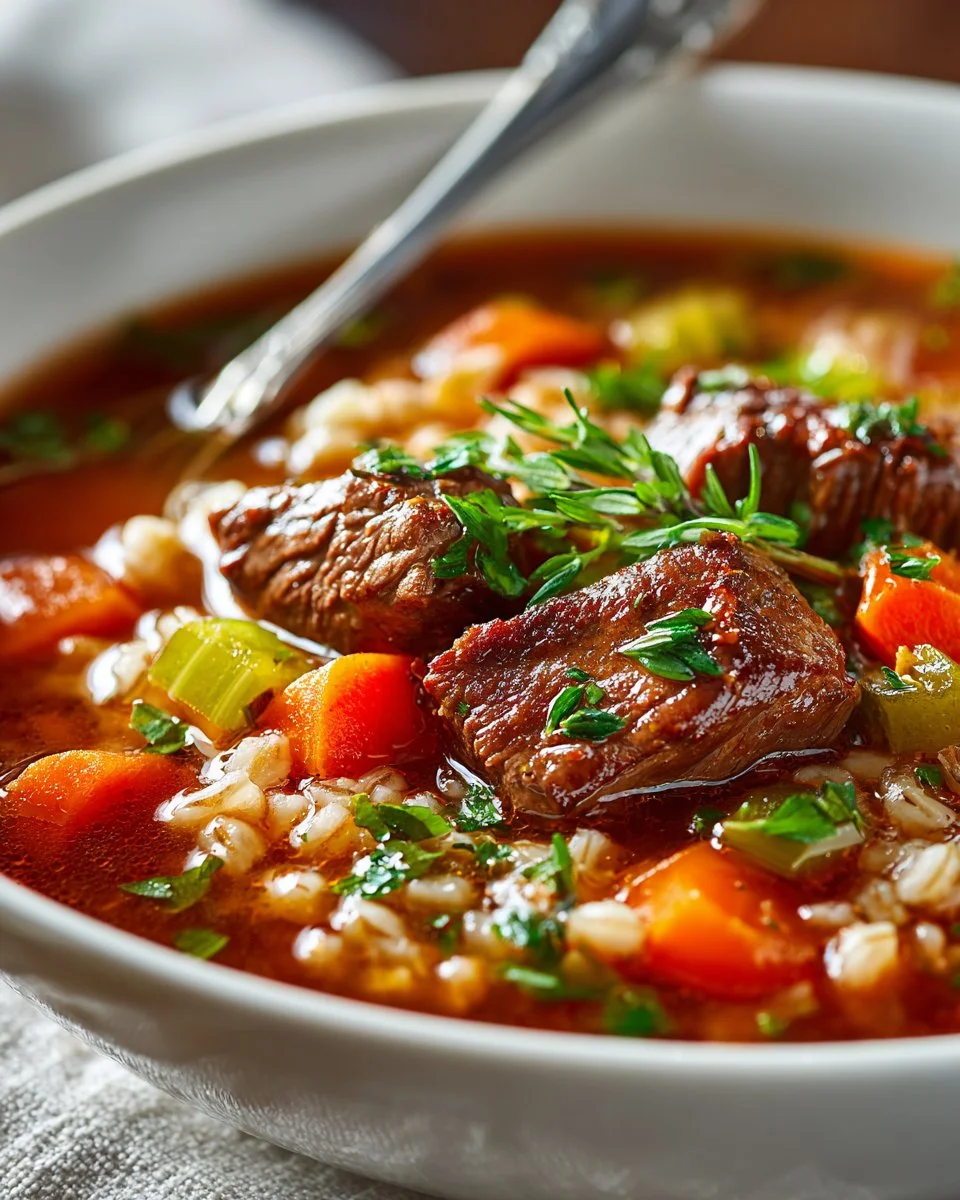 A bowl of hearty beef and barley soup filled with vegetables and grains, perfect for cold days.