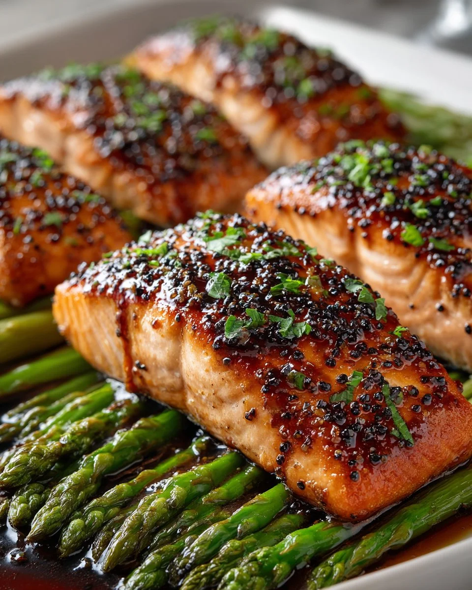 Honey balsamic glazed salmon served with roasted asparagus on a plate.