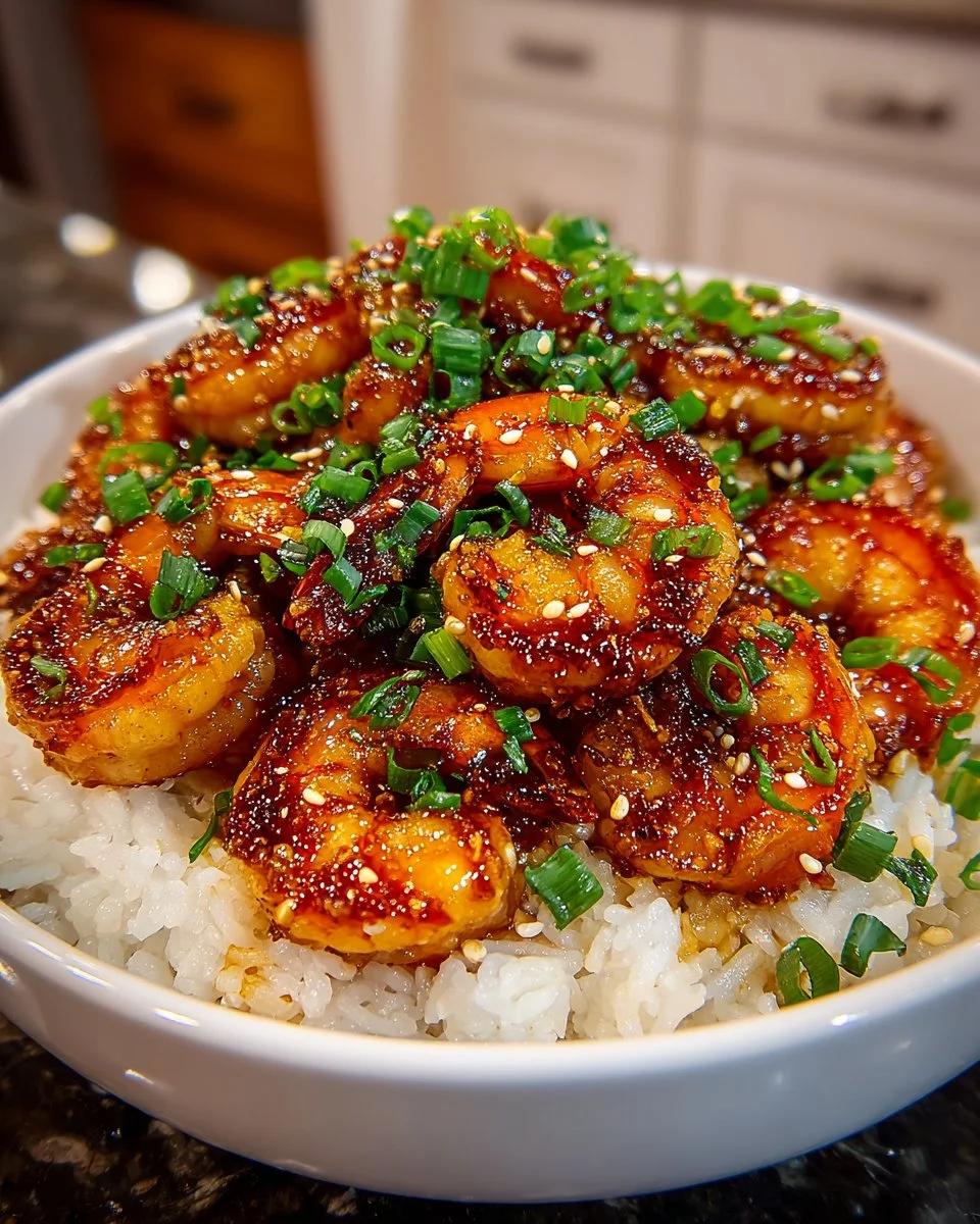 Delicious Honey Garlic Shrimp served over rice in a colorful bowl