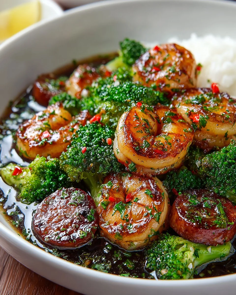 Plate of Honey Garlic Shrimp with sausage and broccoli in a savory sauce