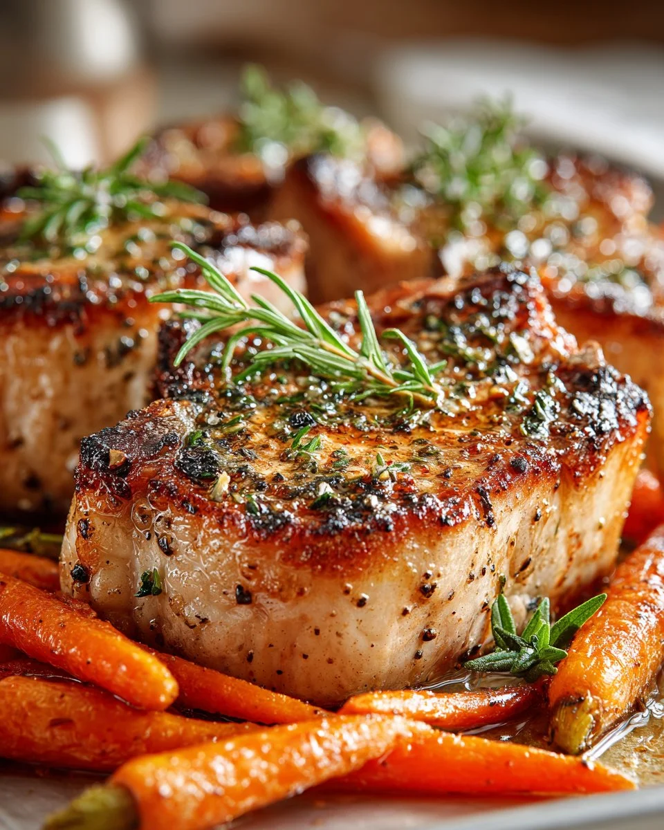 Juicy oven baked pork chops served with roasted carrots on a plate.