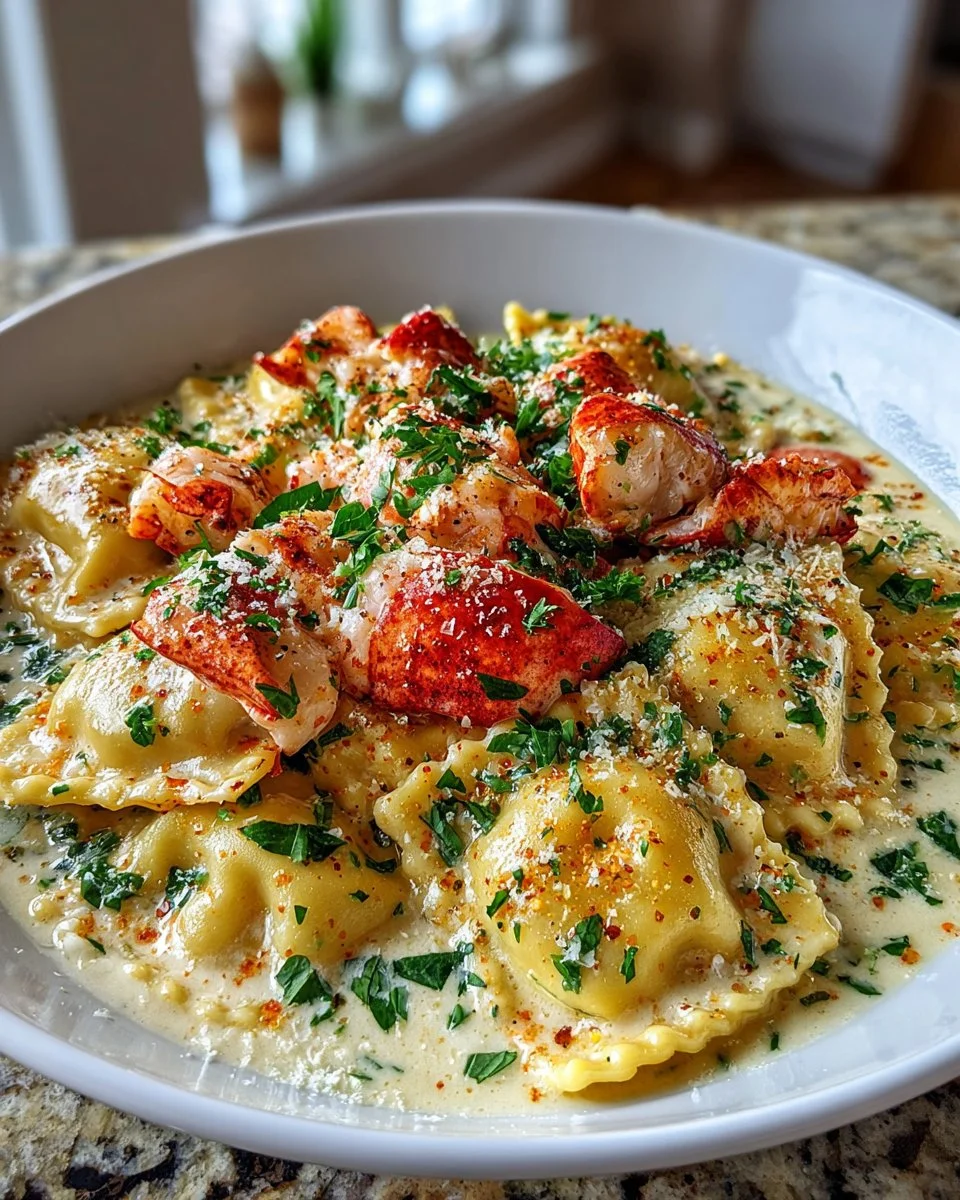 Delicious Lobster Ravioli served in a rich Champagne Cream Sauce