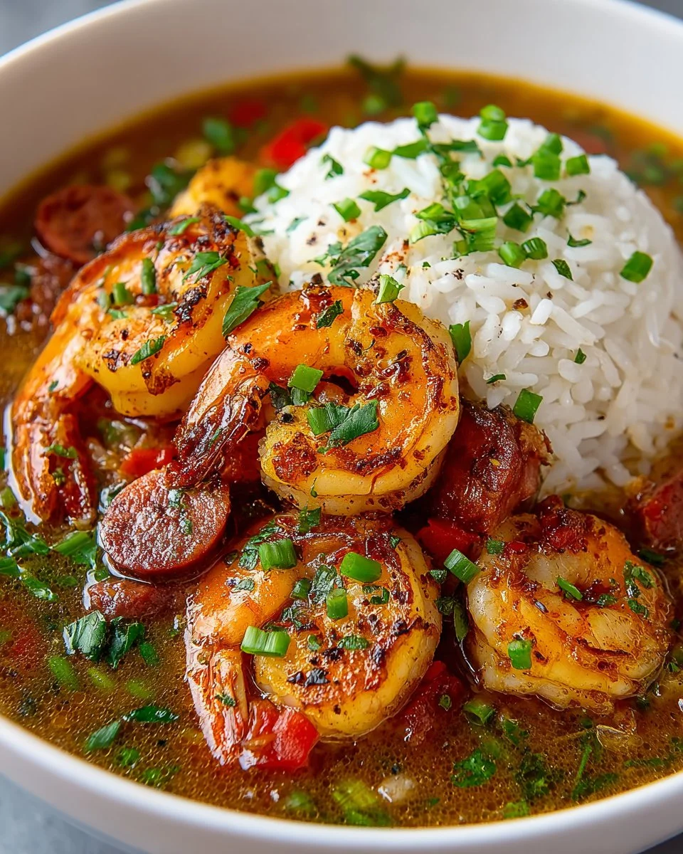 A bowl of Louisiana seafood gumbo with shrimp, crab, and spices.