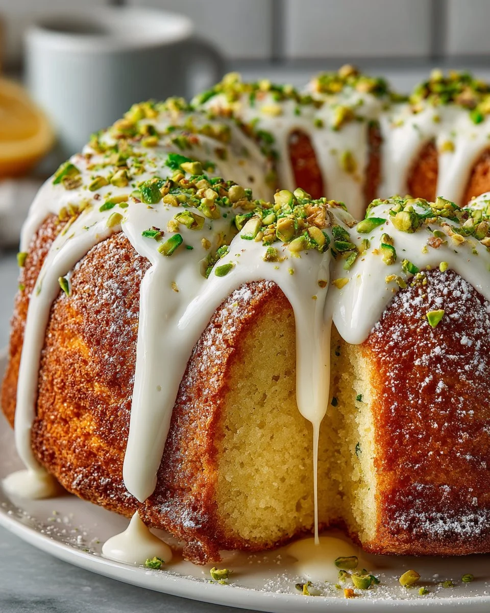 Moist pistachio pudding cake with green frosting and pistachio garnish