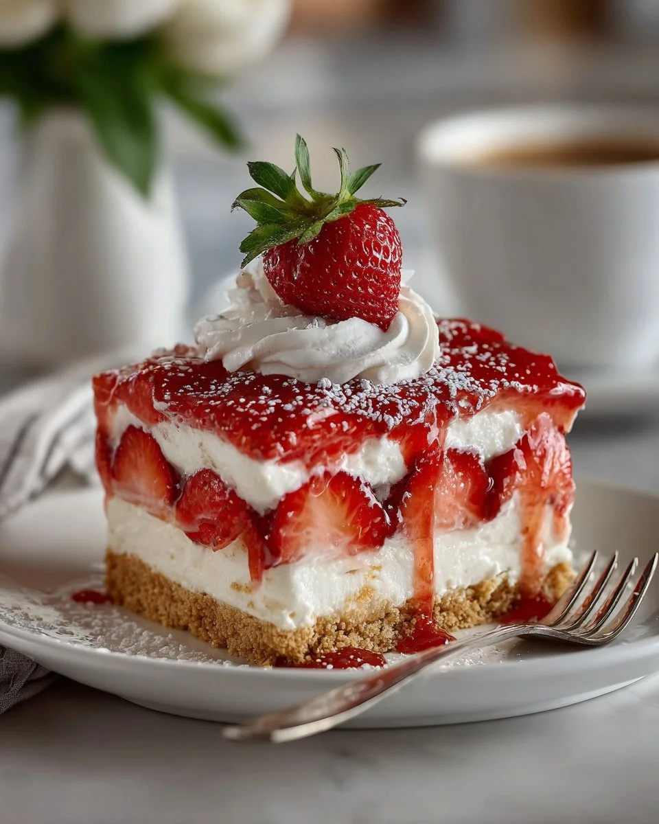 Slice of no-bake strawberry cheesecake lasagna served on a white plate