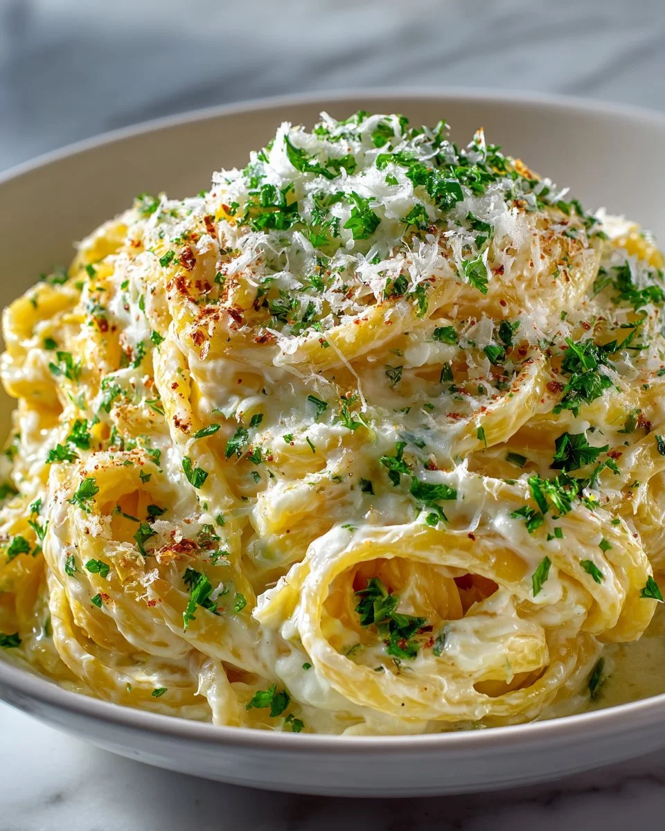 Delicious One Pot Creamy Garlic Pasta ready to serve in a bowl
