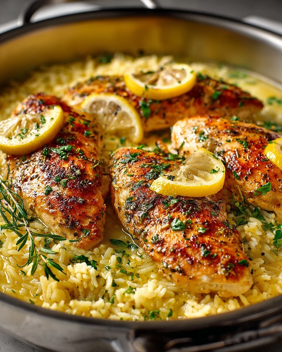One Pot Lemon Herb Chicken and Rice served in a beautiful dish.