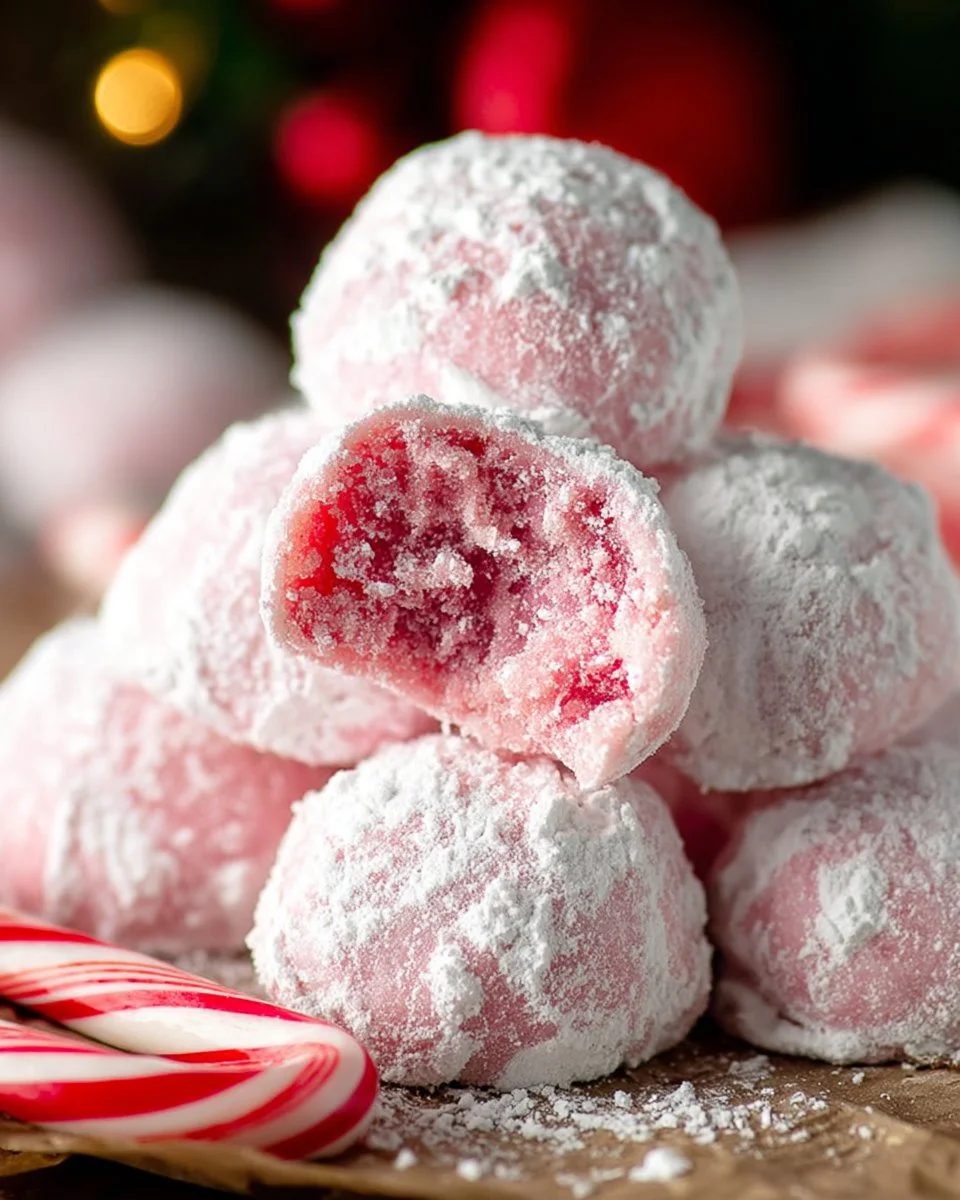 Delicious peppermint snowball cookies decorated with powdered sugar