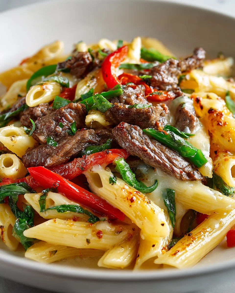Delicious Philly Cheesesteak Pasta served in a bowl with toppings