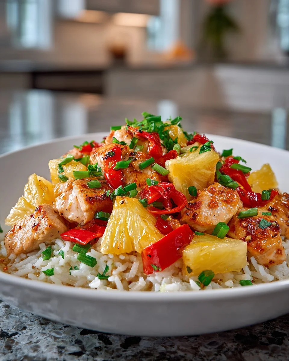Pineapple Chicken served with rice, garnished with fresh herbs.