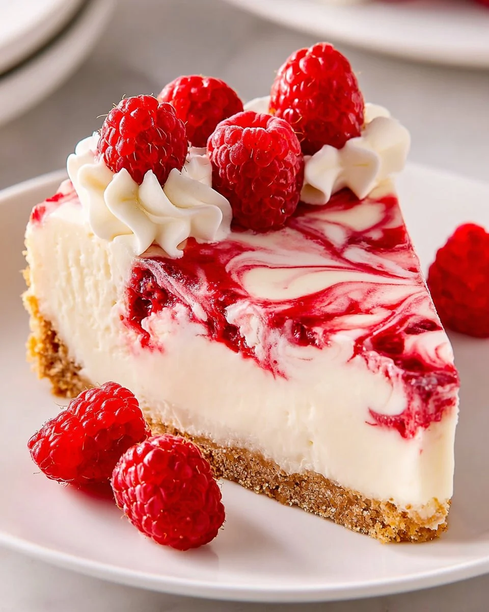 Delicious Raspberry No Bake Cheesecake topped with fresh raspberries