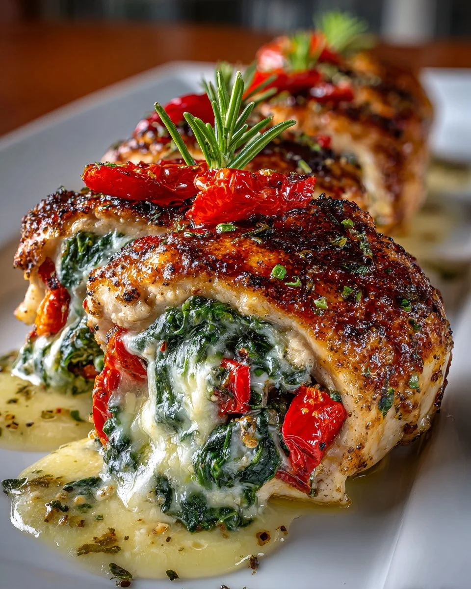 Roasted Red Pepper, Spinach, and Mozzarella Stuffed Chicken on a plate