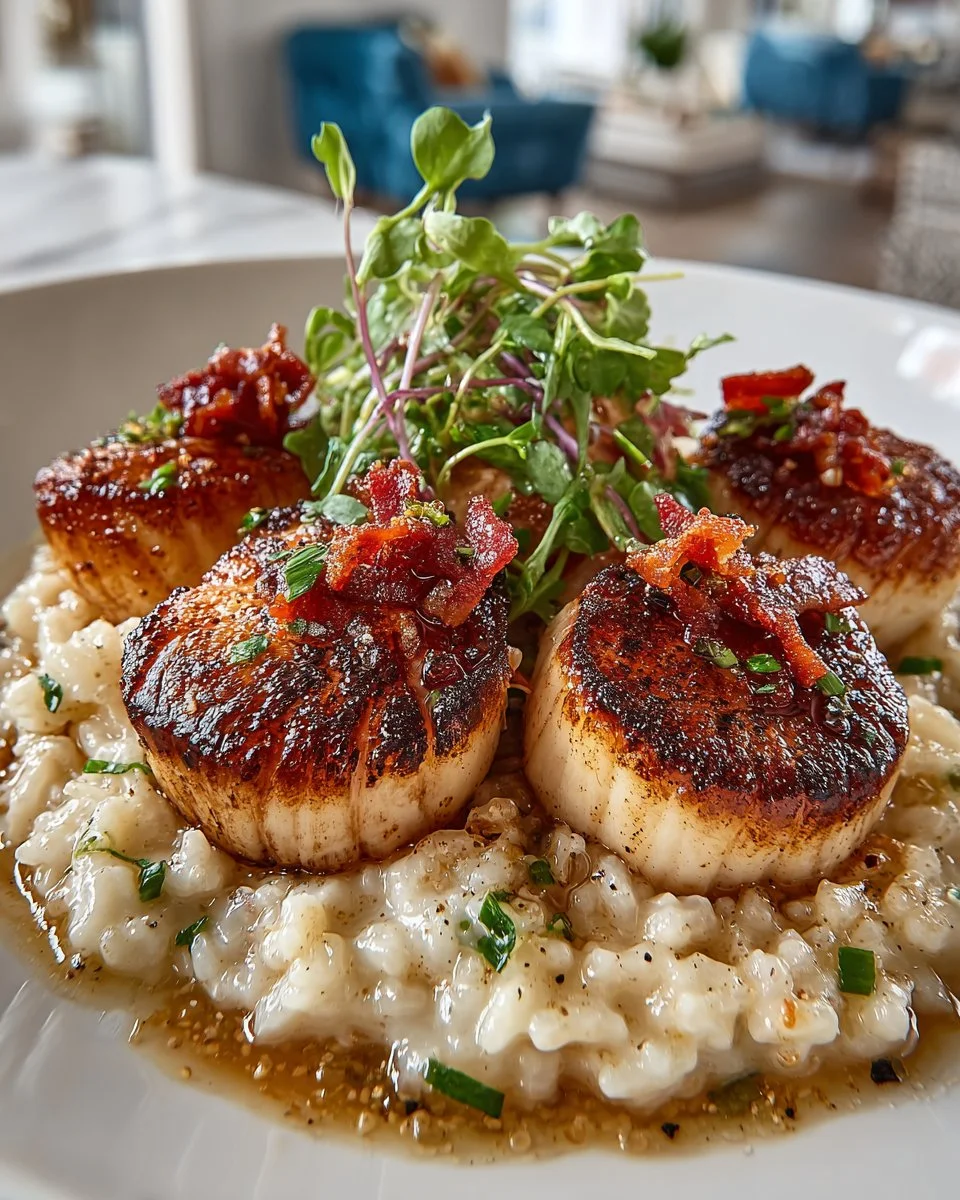 Plate of seared scallops with lemon risotto and crispy prosciutto garnished elegantly.