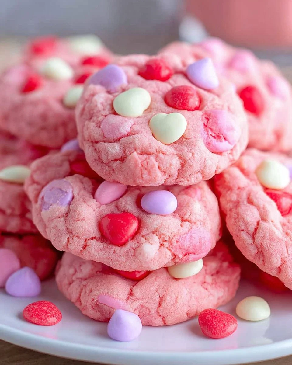 Delicious strawberry cake mix cookies with fresh strawberries resting on a plate.