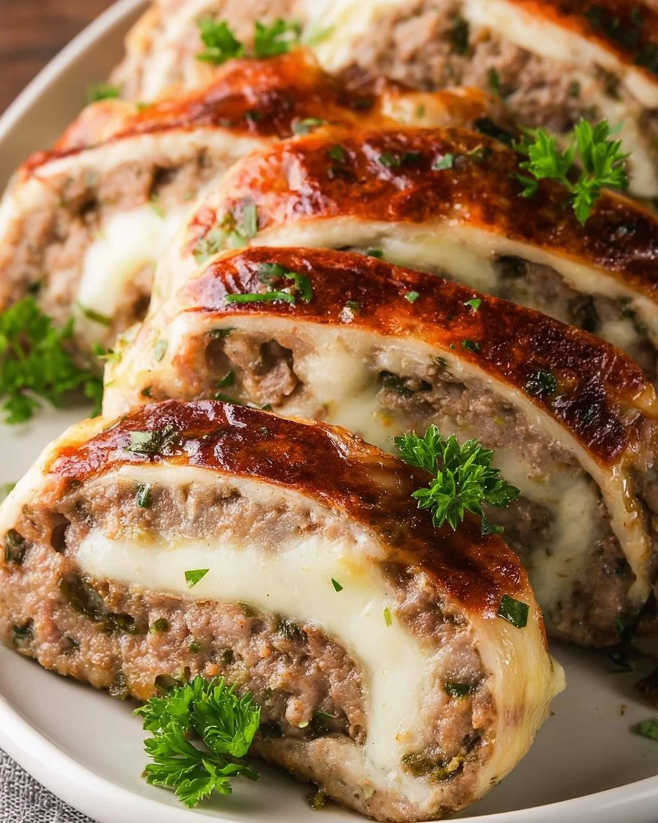 A delicious stuffed Philly cheesesteak meatloaf with melted cheese and peppers.