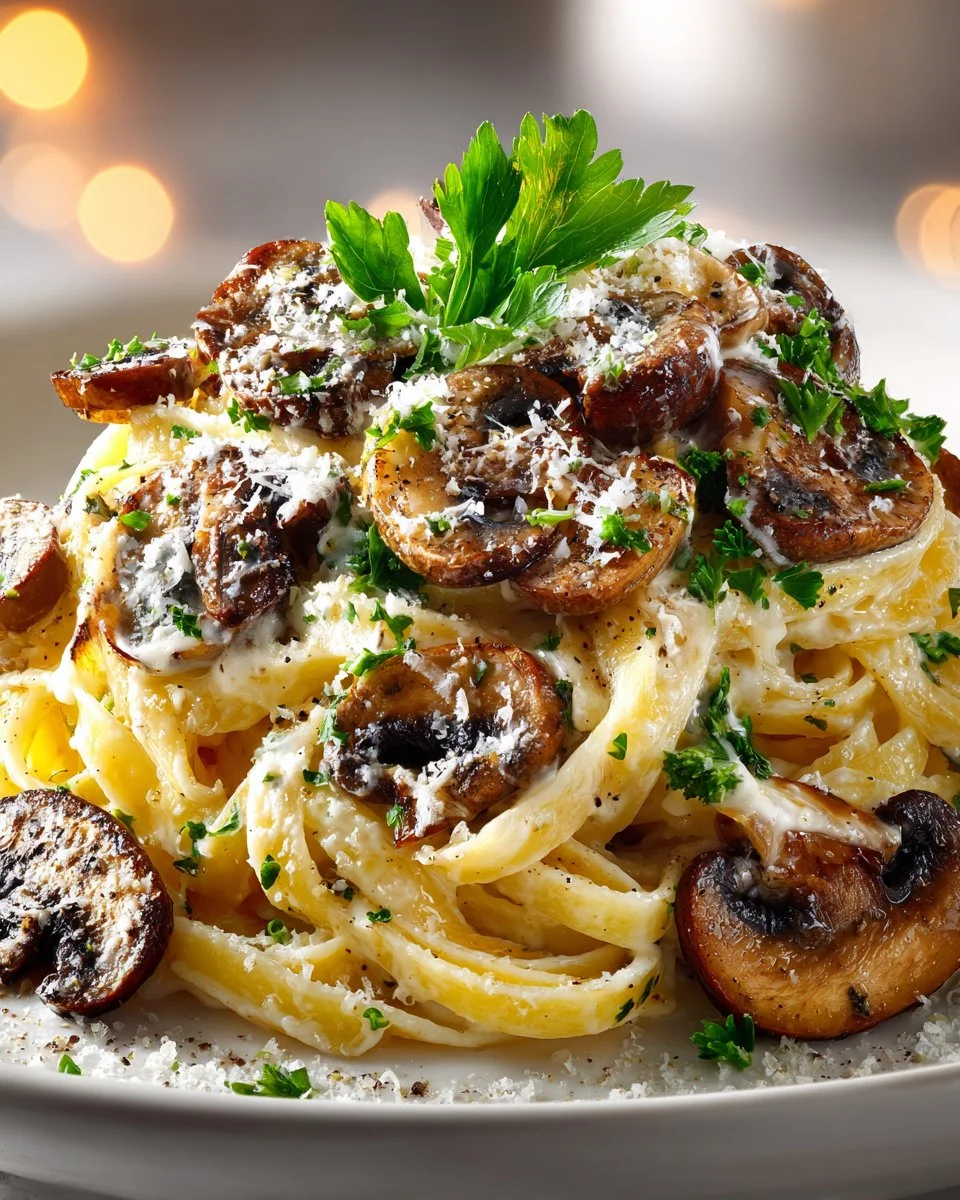 Plate of Wild Mushroom and Truffle Fettuccine garnished with herbs
