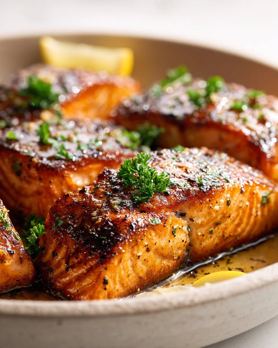 Baked lemon garlic butter salmon served with herbs and lemon slices