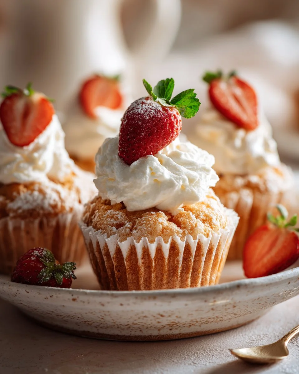 Delicious homemade angel food cupcakes topped with whipped cream and berries