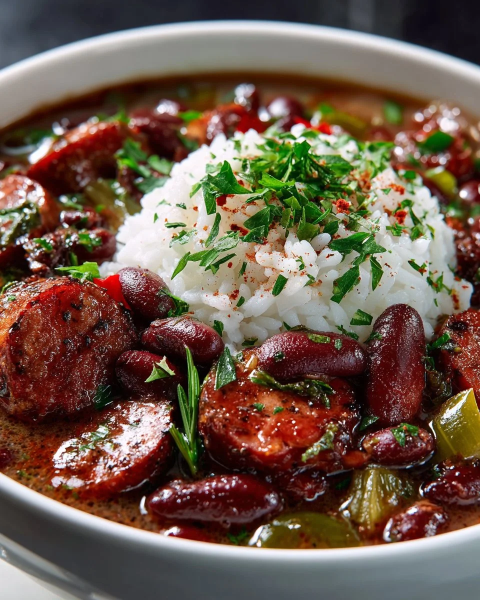 Bowl of authentic New Orleans red beans and rice served with sausage