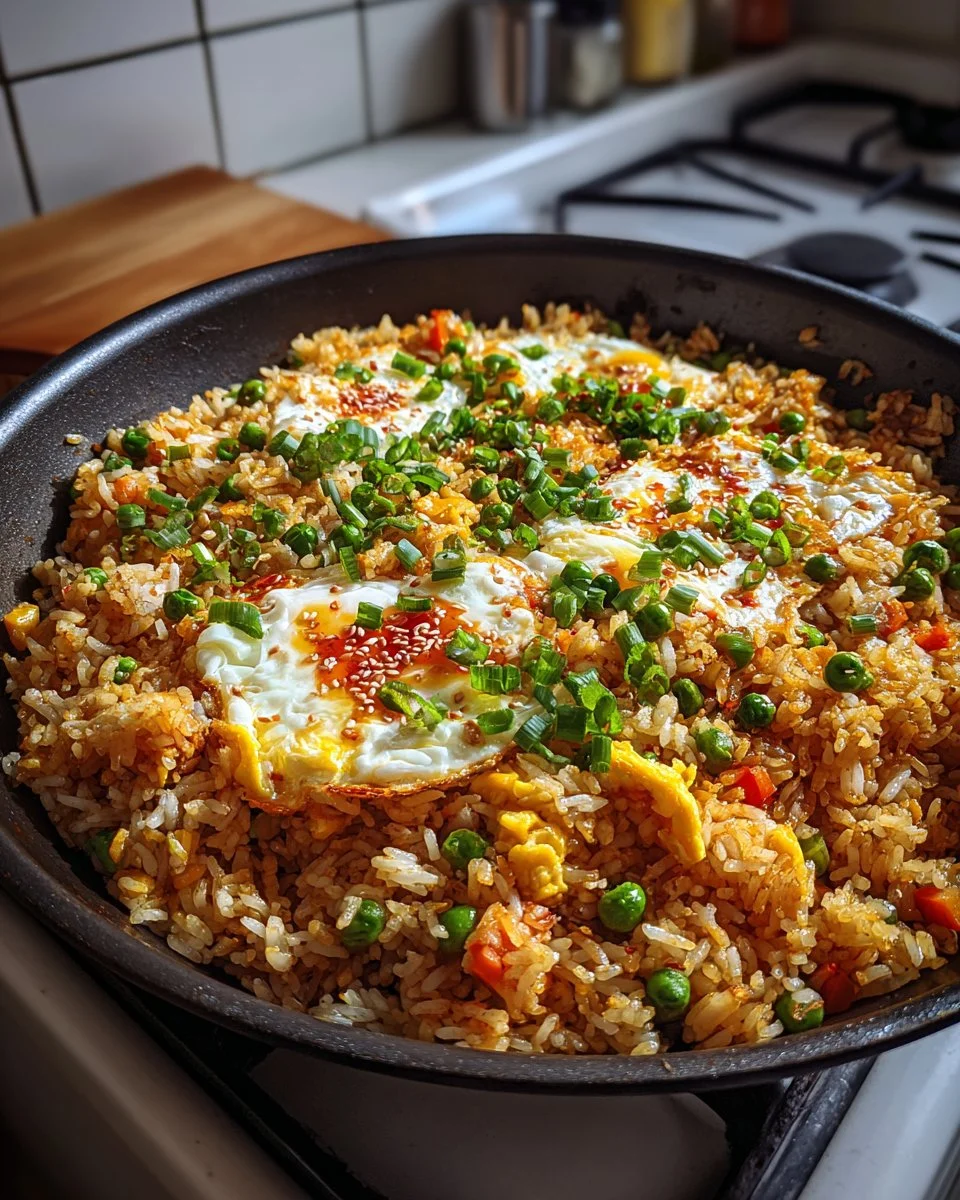 Plate of Bang Bang Fried Rice garnished with vegetables and herbs