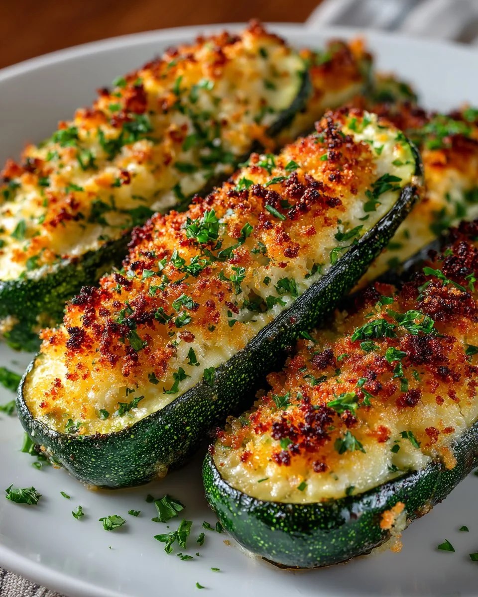 Delicious baked zucchini with cheese, garnished and ready to serve.