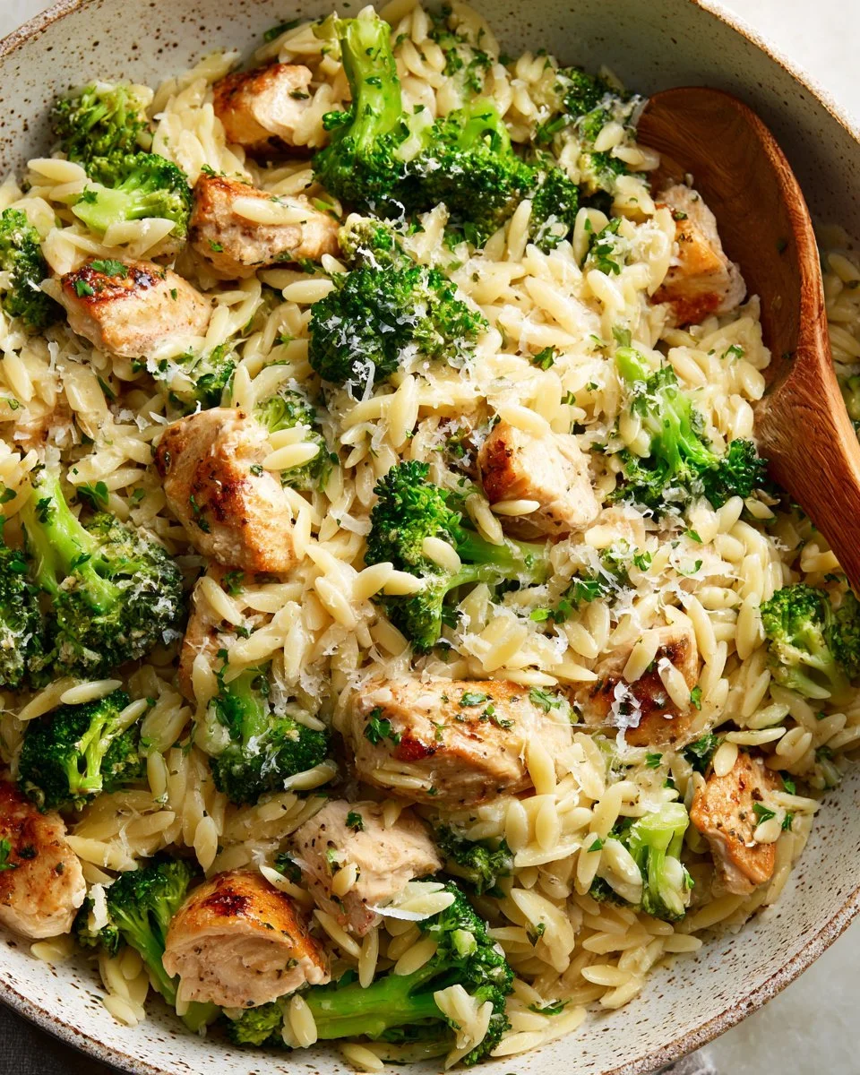 Delicious Chicken and Broccoli Orzo served in a bowl, garnished with herbs