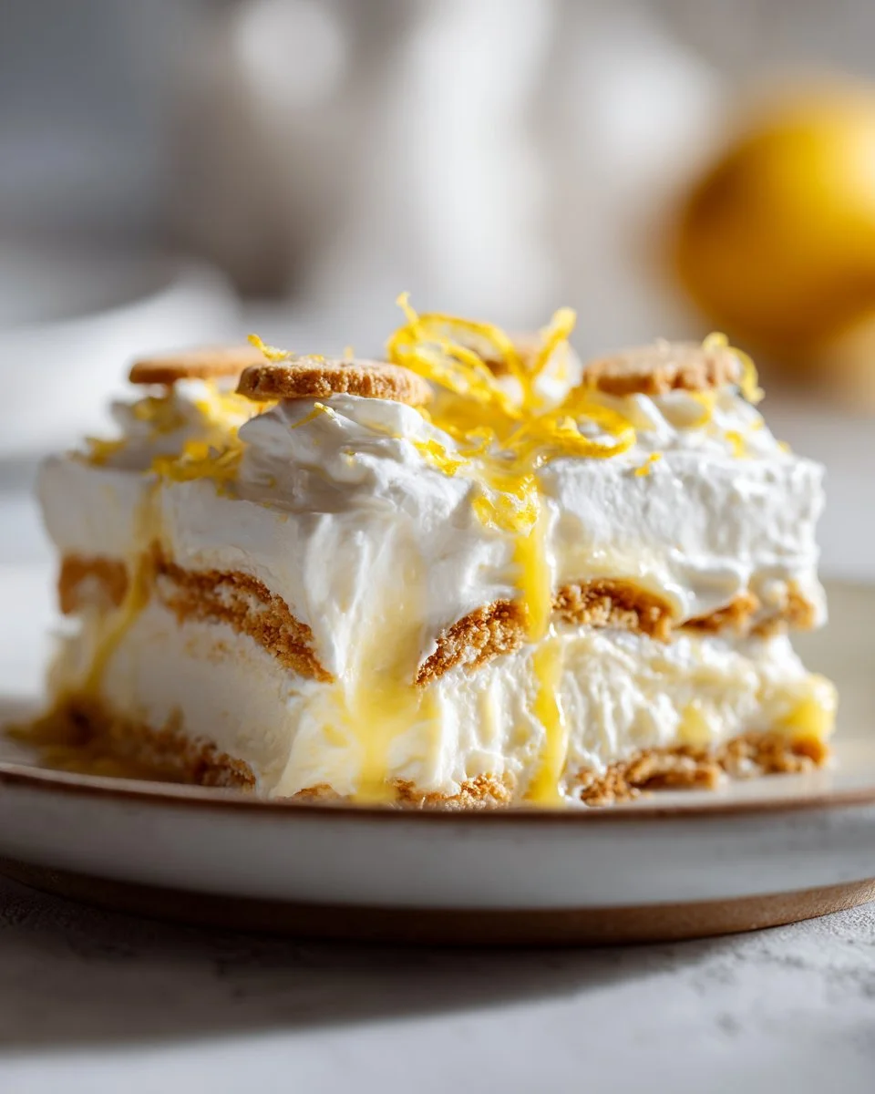 Delicious slice of best lemon icebox cake topped with lemon zest.