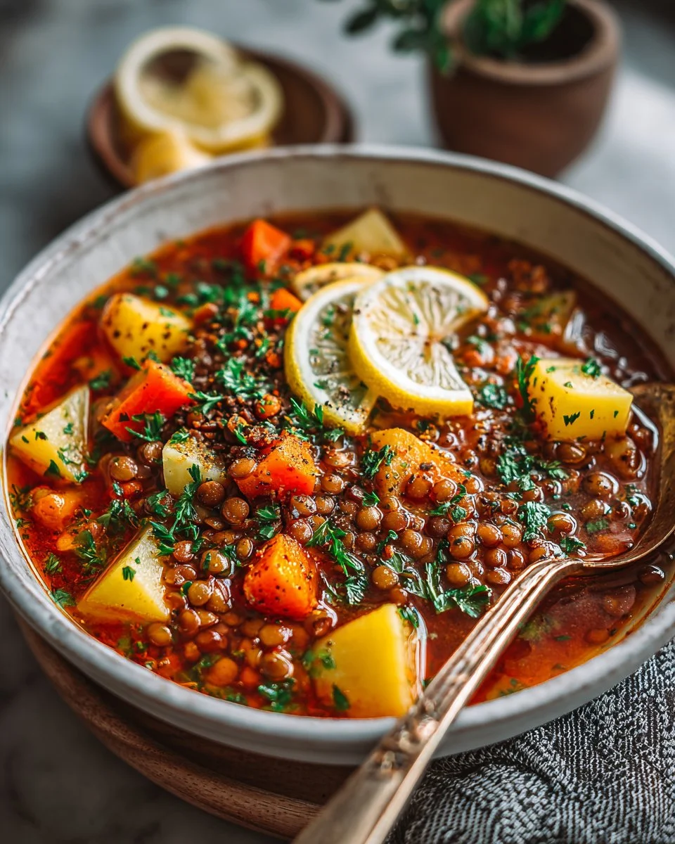 Bowl of delicious homemade Turkish Lentil Soup garnished with herbs