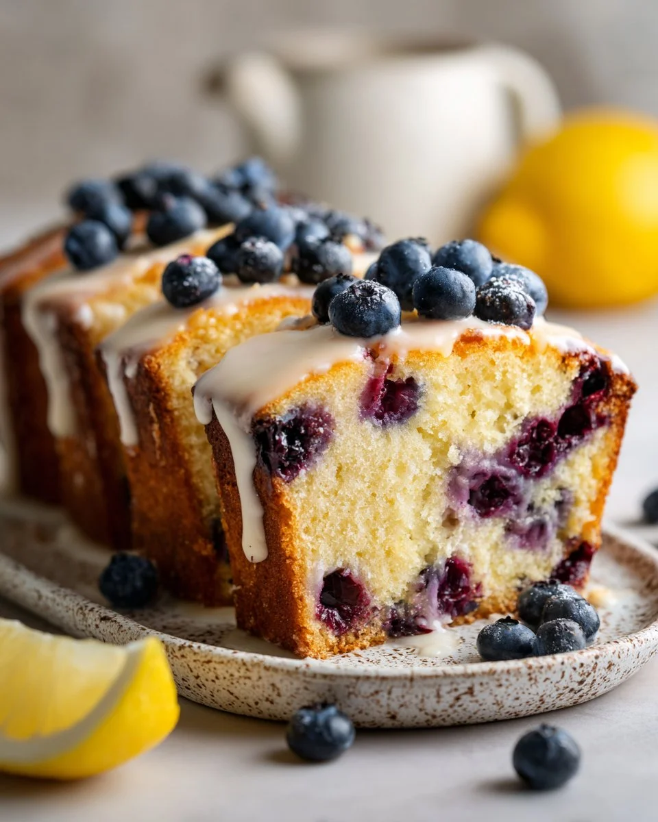 Freshly baked Blueberry Lemon Pound Cake topped with blueberries.