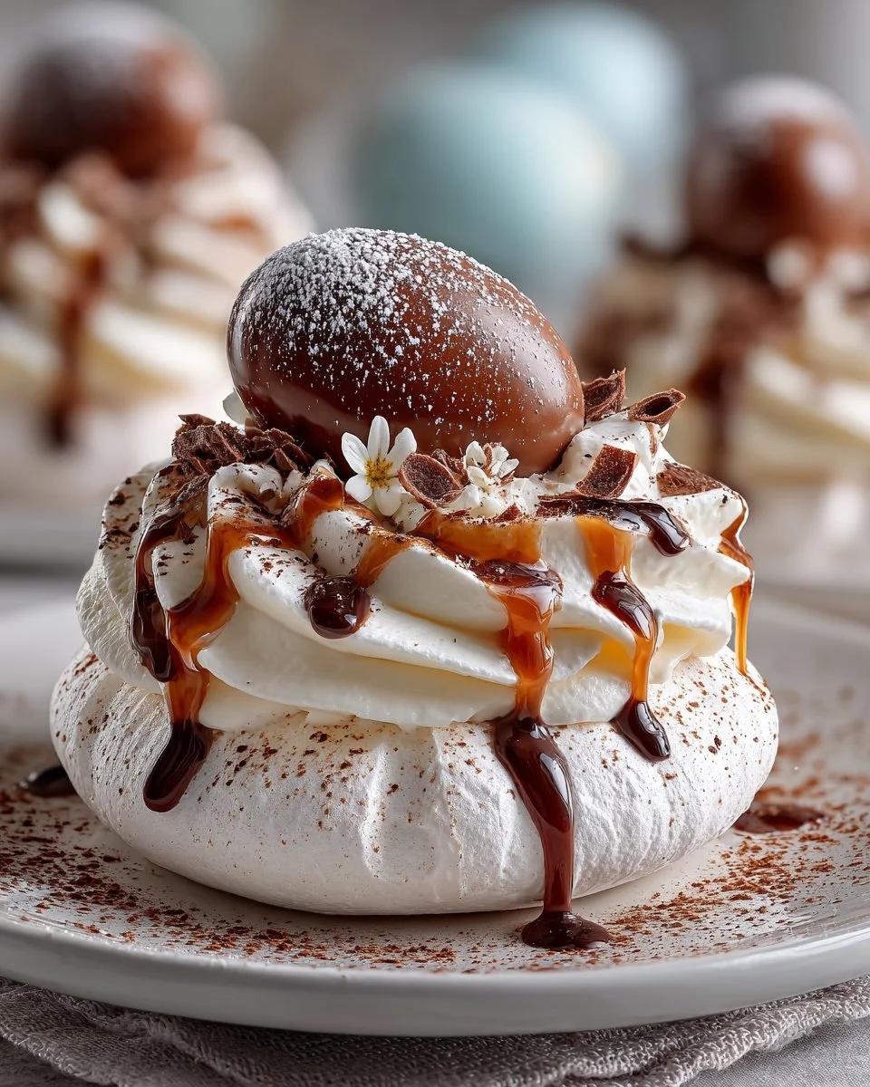 Cadbury Creme Egg Pavlova Pots topped with creamy frosting and chocolate eggs