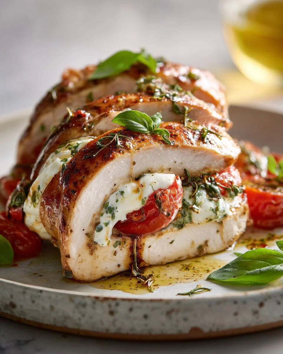 Delicious Caprese Stuffed Chicken with mozzarella, tomatoes, and basil