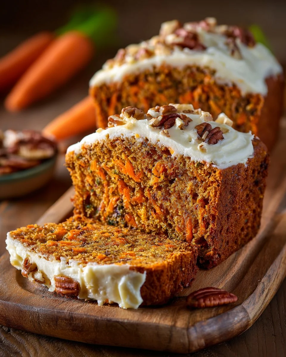 Delicious homemade carrot cake bread topped with frosting