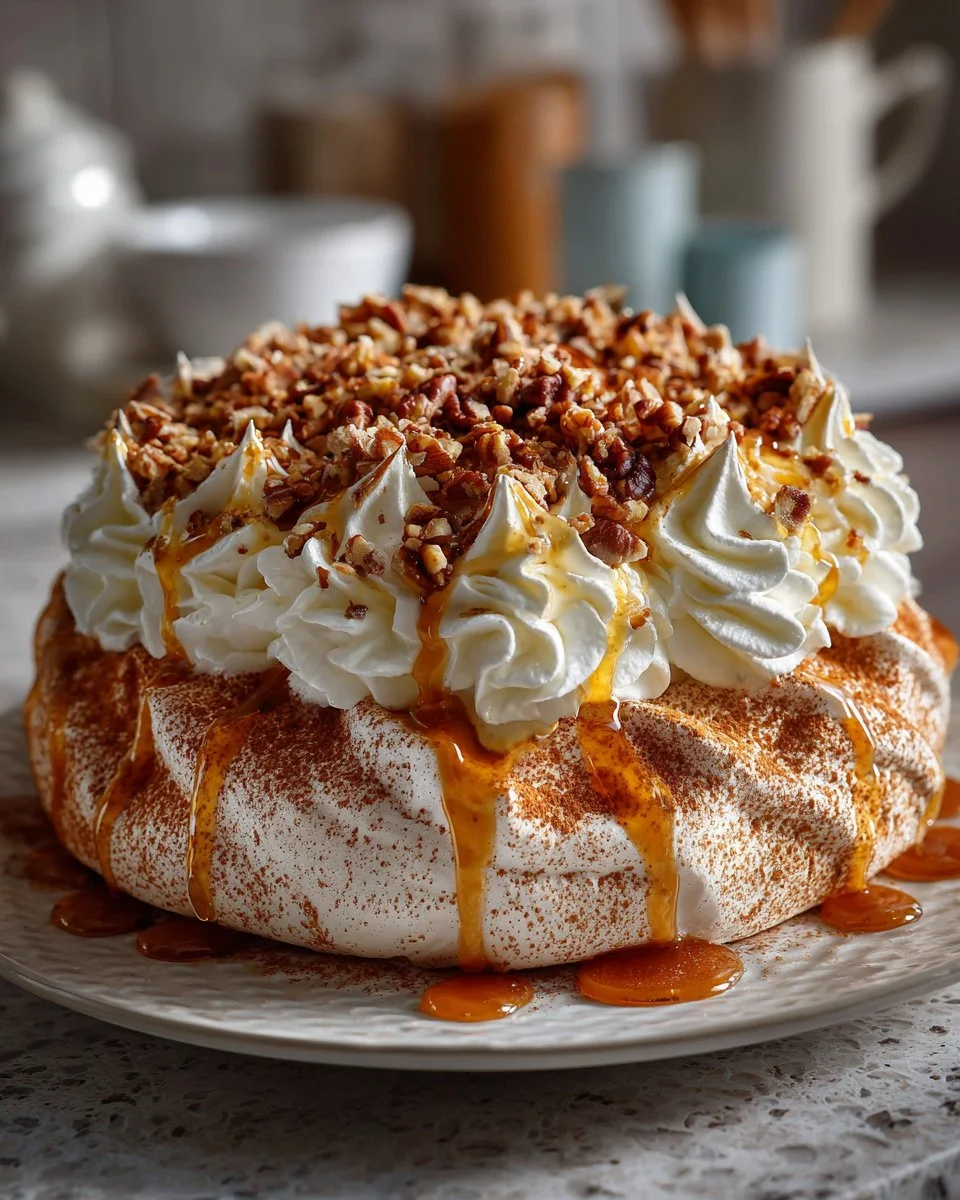 Carrot Cake Spiced Pavlova with meringue and carrot garnish