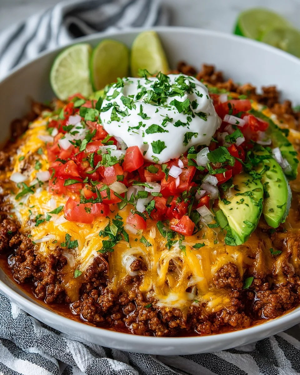 Cheesy Keto Taco Skillet with colorful veggies and melted cheese in a skillet.