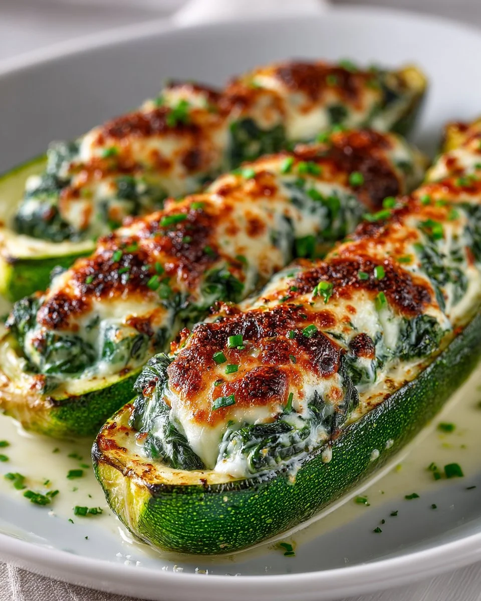 Cheesy spinach and ricotta stuffed zucchini on a plate
