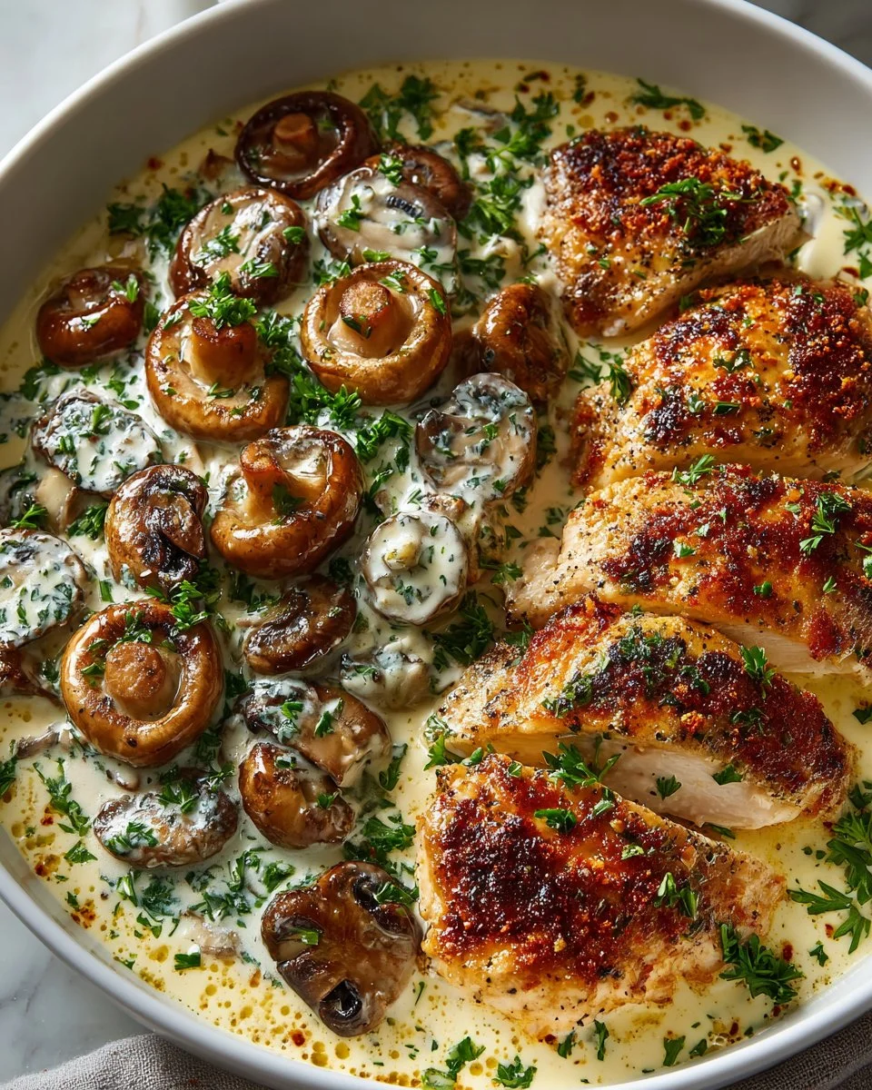 Delicious Chicken Mushroom Skillet in creamy Asiago and mustard sauce