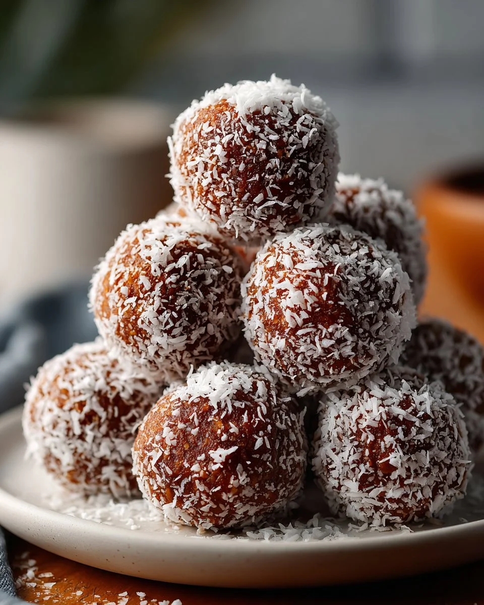 Homemade chocolate coconut protein balls, perfect for healthy snacking and energy.